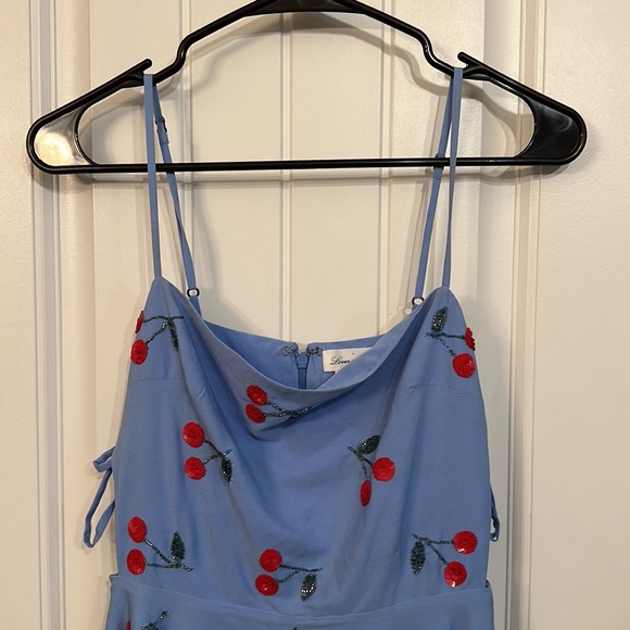 Lovers and Friends Cassie Mini Dress Fit &Flare Size XS Blue Cherries Open Sides - Picture 3 of 15